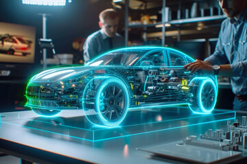 Automotive engineer working using AI system production on electric car, Engineering smart EV car design, Futuristic electric vehicles