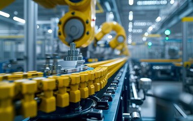 Yellow Industrial Robot Arm at Production Line at Modern Bright Factory.