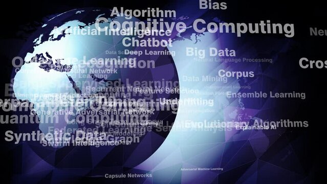 Neural network lettering and world globe caution and mistrust in artificial intelligence predictive modeling and unsupervised learning algorithm