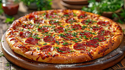 Pepperoni pizza with mozzarella cheese, salami and herbs - obrazy, fototapety, plakaty
