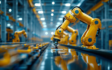 Yellow Industrial Robot Arm at Production Line at Modern Bright Factory.