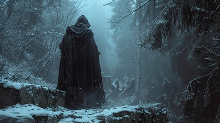 Solitary Figure in a Dark Forest, A Man Amidst Dead Trees, Engulfed by Eerie Silence.