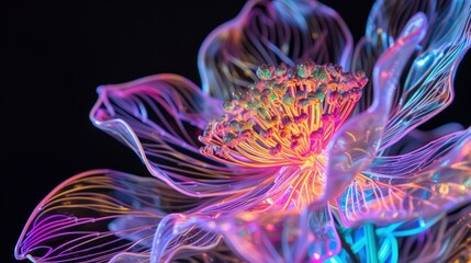 Obraz premium Close-Up of Petals Covered in Intricate Design Patterns, Illuminating Creative Elegance. Electroluminescent Wire Flower Art.
