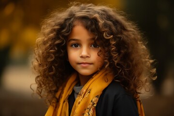 Portrait of a beautiful curly-haired girl in a yellow scarf.
