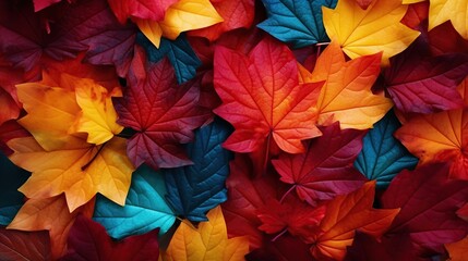 Multicolor autumn leaves on the ground, beautiful falling leaves in rainbow color. Created with Generative AI