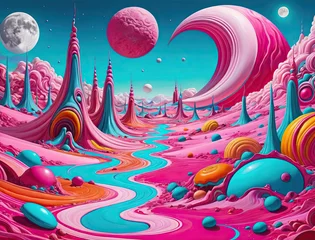 Fotobehang Psychedelic Fantasy - Ultra-realistic 8K abstract expressionism with diverse large inanimate objects and moon Gen AI © Ian