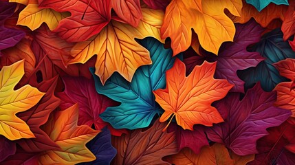 Fototapeta premium Multicolor autumn leaves on the ground, beautiful falling leaves in rainbow color. Created with Generative AI