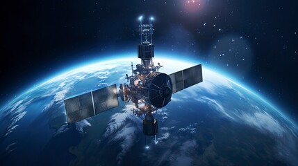 Telecom communication satellite orbiting around the globe