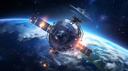 Obraz na płótnie Canvas Telecom communication satellite orbiting around the globe
