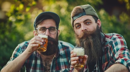 two bearded buddy's mates drinking pint of dark beer on the fresh air  - obrazy, fototapety, plakaty