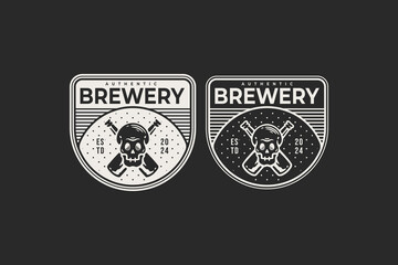 craft beer with beer bottle and skull badge logo graphic for brewing company label, sign, symbol or brand identity - obrazy, fototapety, plakaty