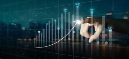 Double exposure of businessman hand pointing arrow graph and chart. Business growth and increase of positive indicator. Corporate business growth plan or development to success Concept.