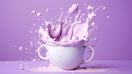  a white cup filled with purple liquid on top of a purple and white counter top next to a purple wall.
