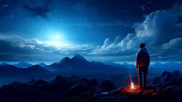 Alpine Reverie: A Lone Figure Ponders Amidst Mountain Peaks and Candle Glow