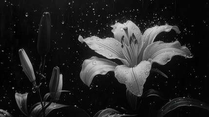  a black and white photo of a flower with drops of water on the petals and on the stem of a plant. - obrazy, fototapety, plakaty