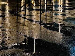 Reflection of lights and shadows on a wet floor