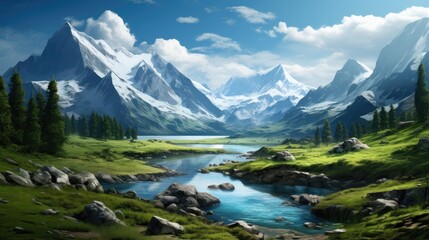 Naklejka na ściany i meble Fantastic mountain landscape with a river. Generative AI