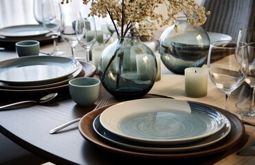  a table is set with plates, silverware, and a vase with flowers in the center of the table.