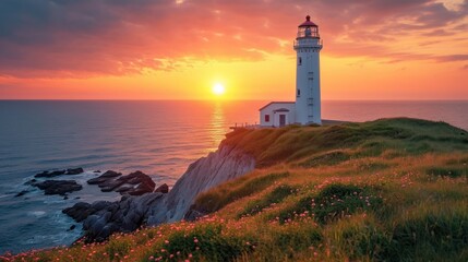 Fototapeta premium a light house sitting on top of a cliff next to a body of water with a sunset in the background.