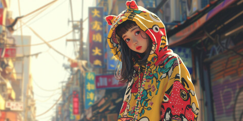 Fototapeta premium a young girl is wearing a colorful hoodie, generative AI