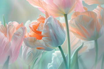 Dreamy and artistic floral background: close-up of colorful  tulips composition with soft and gentle hues background, pestle color theme, bokeh effect...