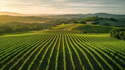  an aerial view of a large field of crops with mountains in the background and a sunset in the foreground. - obrazy, fototapety, plakaty