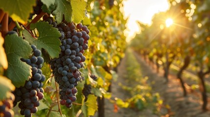  a bunch of grapes hanging from a vine in a vineyard with the sun shining through the leaves on the vine. - obrazy, fototapety, plakaty