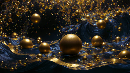Fototapeta premium Golden balls on blue waves. AI