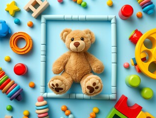 A collection of baby toys. Room for copy. Greeting card or announcement card concept.