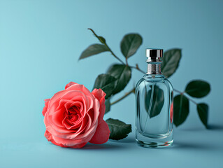 perfume bottle and rose on blue background