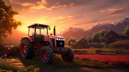 Obraz premium Modern tractor at the garden with beautiful sunset view. Indicating active work in farming and agriculture concept. Created with Generative AI