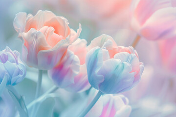Dreamy and artistic floral background: close-up of colorful  tulips composition with soft and gentle hues background, pestle color theme, bokeh effect... - obrazy, fototapety, plakaty