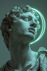 Surreal digital art with one neon green circle around the head, statue of a man - ancient Greek, antiquity, stone statue, Ancient Greece