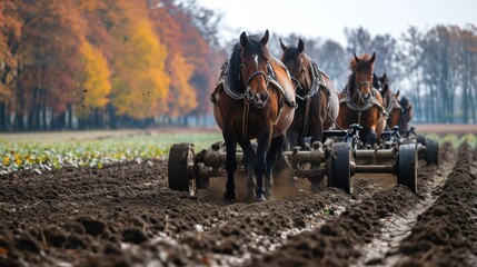  a group of horses pulling a plow in the middle of a field with a person in the middle of the plow.