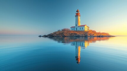  a lighthouse sitting on top of a small island in the middle of a body of water with a sunset in the background.