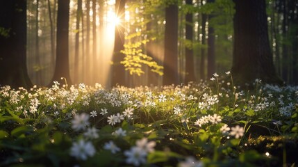  the sun shines through the trees in a forest filled with wildflowers and daisies in the foreground.