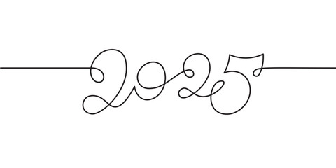 2025 one line drawing. Continuous doodle hand drawing, isolated on white background. Editable thin stroke, vector sketch illustration. New Year date design