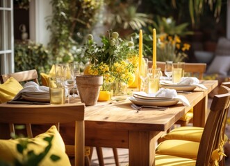 Obraz premium a wooden table topped with yellow chairs next to a yellow vase filled with flowers and a yellow vase filled with yellow flowers.