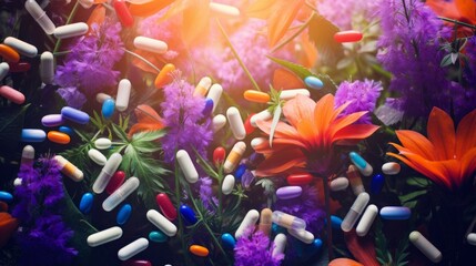 Colorful medication capsules artistically intermixed with vibrant blooming flowers and plants.