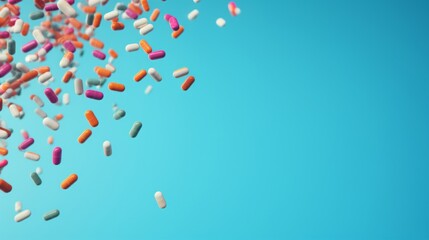 Multicolored capsules and pills floating with a dynamic sense of motion against a blue background.