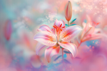 Dreamy and artistic floral background: close-up of colorful lily composition with soft and gentle hues background, pestle color theme, bokeh effect...