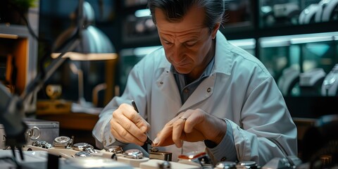 Skilled watchmaker repairs timepiece in workshop. focus on craftsmanship. artisan at work. perfect for advertising precision jobs. AI