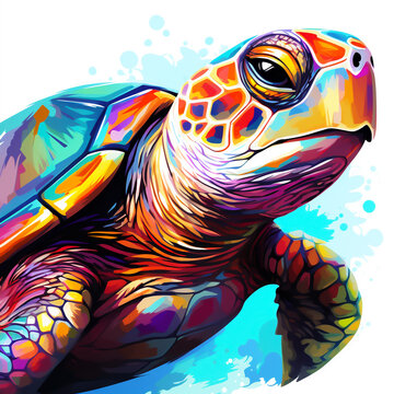 Colorful sea turtle drawing on a white background
