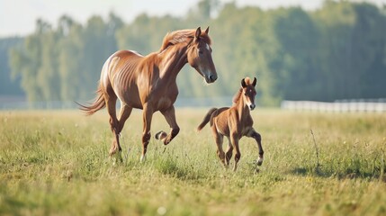  a horse and a foal running in a field of grass with trees in the backgroup. - obrazy, fototapety, plakaty