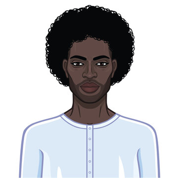 Animation portrait of beautiful African man. Color drawing. Vector illustration isolated on a white background.