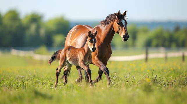  a mother horse and her foal running in a field of green grass with a blue sky in the background.