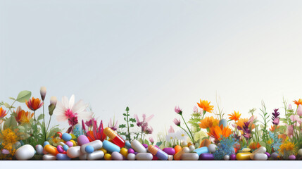 An assortment of colorful flowers intermixed with various pills and capsules on a pristine white background.