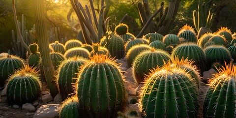 Golden hour in cactus garden. warm sunlight bathing spiky plants. serene desert flora landscape. stock image perfect for background use. AI