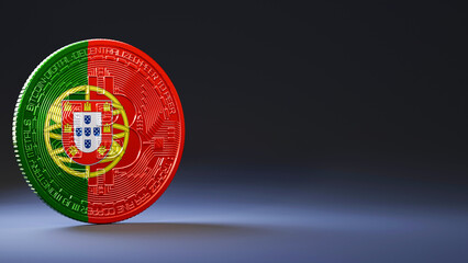 Bitcoin with Portugal national flag on dark background with copy space for presenation. 3d rendering