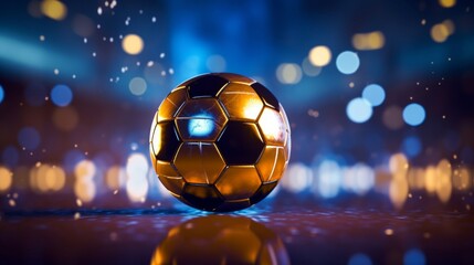 Naklejka premium A striking golden soccer ball illuminated by gleaming lights on a reflective surface with a bokeh effect.